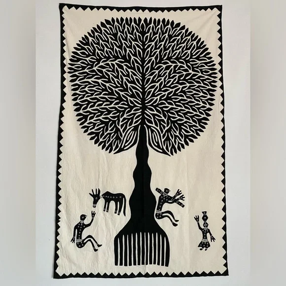 Tree of Life Appliqué Wall Hanging - Black / Ecru Large Textile Embroidered Art - Picture 2 of 8